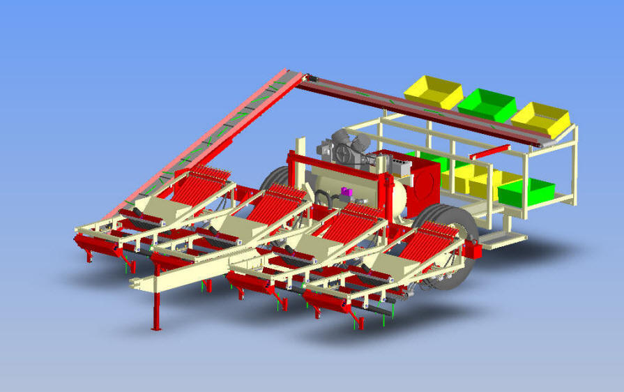 Photo Illustration of a four row selective mechanical vegetable harvester for selectively harvesting asparagus.  The machine only harvests the ripe spears and leaves the rest for the next day's cutting. Model SP2010 Asparagus Harvester.